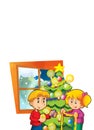 Cartoon scene with kids decorating christmas tree on white background - illustration