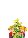 Cartoon scene with kids decorating christmas tree on white background - illustration