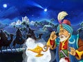 Cartoon scene with king looking at three riders on camels by night Royalty Free Stock Photo