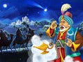 Cartoon scene with king looking at three riders on camels by night Royalty Free Stock Photo