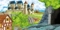 Cartoon scene with kingdom castle and farm village near it and hidden mining cave Royalty Free Stock Photo