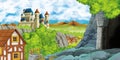 Cartoon scene with kingdom castle and farm village near it and hidden mining cave Royalty Free Stock Photo