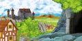 Cartoon scene with kingdom castle and farm village near it and hidden mining cave Royalty Free Stock Photo