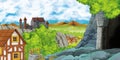 Cartoon scene with kingdom castle and farm village near it and hidden mining cave Royalty Free Stock Photo