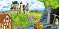 Cartoon scene with kingdom castle and farm village near it and hidden mining cave Royalty Free Stock Photo