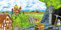 Cartoon scene with kingdom castle and farm village near it and hidden mining cave Royalty Free Stock Photo