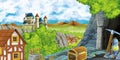 Cartoon scene with kingdom castle and farm village near it and hidden mining cave Royalty Free Stock Photo