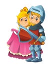 Cartoon scene with knight prince and princess together on white background - illustration