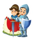 Cartoon scene with knight prince and princess together on white background - illustration