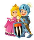 Cartoon scene with knight prince and princess together on white background - illustration