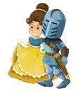 Cartoon scene with knight prince and princess together on white background - illustration