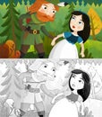 Cartoon scene knight and princess in the forest sketch