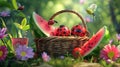 Cartoon scene of Lilliputian Garden Picnic A couple of ladybugs delightfully dig into an overflowing basket of minuscule