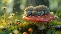 Cartoon scene of Lilliputian Garden Picnic A pair of hedgehog friends snuggle up on a miniature mushroom for a cozy