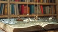 Cartoon scene At the Lilliputian Library mini bookworms are diving into their favorite stories while floating on paper