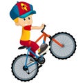 cartoon scene with little boy riding on a bicycle for fun isolated illustation for kids