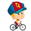 cartoon scene with little boy riding on a bicycle for fun isolated illustation for children