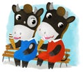 cartoon scene with little cow girl and boy eating ice cream sitting on bench illustration for children Royalty Free Stock Photo
