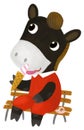 cartoon scene with little cow girl eating ice cream sitting on bench illustration for children Royalty Free Stock Photo