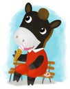 cartoon scene with little cow girl eating ice cream sitting on bench illustration for children Royalty Free Stock Photo