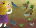 cartoon scene with little girl looking at different animals birds ducks pigeons frogs and mouse running in many directions on the