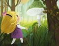 cartoon scene with little girl seeing giant mushroom in some magical forest illustration for children