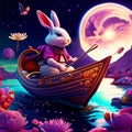 cartoon scene with a little rabbit in a boat and the moon - illustration for children generative AI