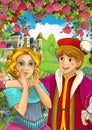 Cartoon scene of loving couple - prince and princess - castle in the background - for different fairy tales