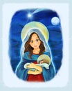 Cartoon scene with Mary and Jesus Christ and traveling kings Royalty Free Stock Photo