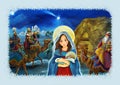 Cartoon scene with Mary and Jesus Christ and traveling kings Royalty Free Stock Photo