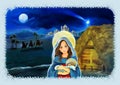 Cartoon scene with Mary and Jesus Christ and traveling kings Royalty Free Stock Photo