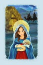 Cartoon scene with Mary and Jesus Christ and traveling kings Royalty Free Stock Photo