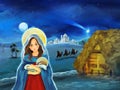 Cartoon scene with Mary and Jesus Christ and traveling kings Royalty Free Stock Photo