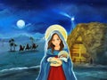 Cartoon scene with Mary and Jesus Christ and traveling kings Royalty Free Stock Photo