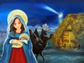 Cartoon scene with Mary and Jesus Christ and traveling kings Royalty Free Stock Photo