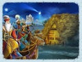 Cartoon scene with Mary and Jesus Christ and traveling kings Royalty Free Stock Photo