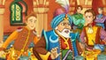 cartoon scene with medieval arabic room with treasures and prince - far east ornaments - the stage for different usage -
