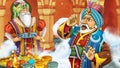 cartoon scene with medieval arabic room with treasures and prince and sorcerer - far east ornaments - the stage for different