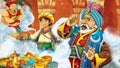 cartoon scene with medieval arabic room with treasures and prince and sorcerer - far east ornaments - the stage for different