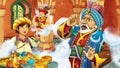 cartoon scene with medieval arabic room with treasures and prince and sorcerer - far east ornaments - the stage for different