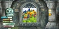 Cartoon scene of medieval castle interior with window view on other castle illustration Royalty Free Stock Photo