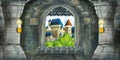 Cartoon scene of medieval castle interior with window with view on some other castle Royalty Free Stock Photo