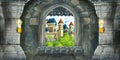 Cartoon scene of medieval castle interior with window with view on some other castle Royalty Free Stock Photo