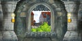 Cartoon scene of medieval castle interior with window with view on some other castle Royalty Free Stock Photo