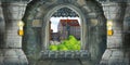 Cartoon scene of medieval castle interior with window with view on some other castle Royalty Free Stock Photo