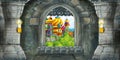 Cartoon scene of medieval castle interior with window with view on some other castle Royalty Free Stock Photo