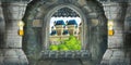 Cartoon scene of medieval castle interior with window with view on some other castle Royalty Free Stock Photo