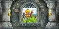 Cartoon scene of medieval castle interior with window with view on some other castle Royalty Free Stock Photo