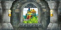 Cartoon scene of medieval castle interior with window with view on some other castle Royalty Free Stock Photo