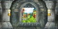 Cartoon scene of medieval castle interior with window with view on some other castle Royalty Free Stock Photo